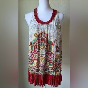 Bila Bohemian Tank Large Paisley Ruffles Scoop Neck Colorful Women's Sleeveless